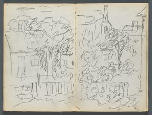 Cuaderno de bocetos, The Dells, N° 127, página 084  85: Paisaje con casas y aguja de Maurice Prendergast