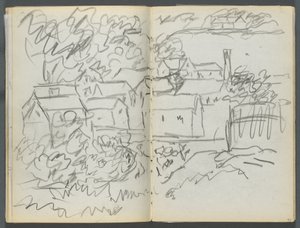 Cuaderno de bocetos, The Dells, N° 127, página 096  97: Paisaje con casas de Maurice Prendergast