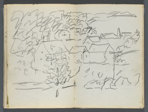 Cuaderno de bocetos, The Dells, N° 127, página 108 y 109: Paisaje con casas de Maurice Prendergast
