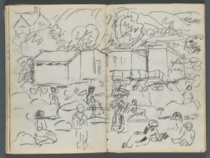 Cuaderno de bocetos, The Dells, N° 127, página 114 y 115: Paisaje con figuras y edificios de Maurice Prendergast