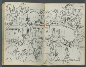 Cuaderno de bocetos, The Dells, N° 127, página 146 y 147: Paisaje con figuras y edificios de Maurice Prendergast