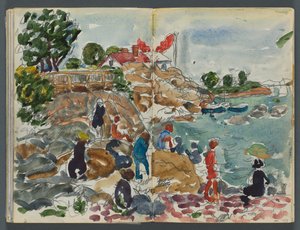 Cuaderno de bocetos, The Dells, n.º 127, páginas 158 y 159: Paisaje costero con figuras de Maurice Prendergast