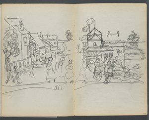 Cuaderno de bocetos, The Dells, N° 127, página 174 y 175: Pueblo con casas y carretera de Maurice Prendergast