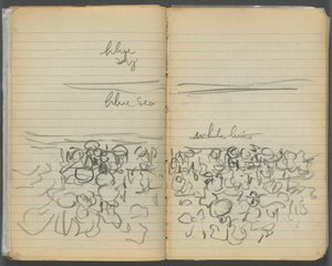 Cuaderno de bocetos, página 046 y 47: Vista de la playa con anotaciones en color de Maurice Prendergast