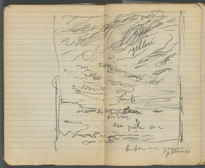 Cuaderno de bocetos, páginas 152 y 153: Vista del mar con anotaciones en color de Maurice Prendergast