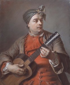 Retrato de Jacques Dumont Le Romain tocando la guitarra de Maurice Quentin de La Tour