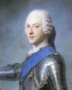 Retrato del príncipe Carlos Eduardo Estuardo, busto de perfil a la izquierda, con la cabeza girada al frente, su brazo derecho levantado de Maurice Quentin de La Tour