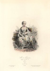 Jeanne-Antoinette Poisson, Madame de Pompadour (1721-1764) fue la principal amante del rey Luis XV. Grabado en acero coloreado a mano por Polidor Pauquet según Maurice Quentin de La Tour (1748-55) de la obra de los hermanos Pauquet "Modes et Costumes Histo de Maurice Quentin de la (after) Tour