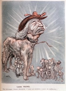 Caricatura de Louise Michel como un perro "raza terranova, sin recompensa, pasó su existencia salvando a los desafortunados" de Maurice Radiguet