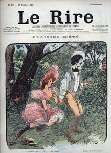 Placeres de verano - Dos amantes son sorprendidos en un bosque por un transeúnte - Ilustración de Maurice Radiguet (1866-1941) para la revista francesa “Le Rire” número 38 de 1895 de Maurice Radiguet