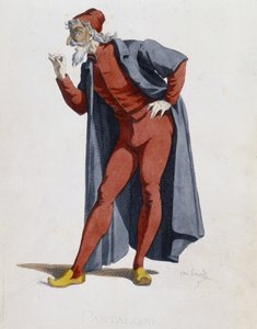 Traje y personaje teatral: Pantalone (Pantalones, doctor) de “Masques et bouffons” (Comedia italiana), texto y dibujos de Maurice Sand, impresiones de A. Manceau, prefacio de Georges Sand, París, Michel Lévy Frères