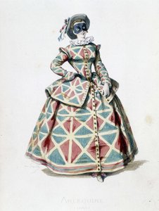Traje y máscara de Arlequín en 1855, personaje femenino de Arlequín en la commedia dell