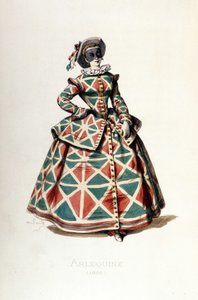 Traje y máscara de arlequín en 1855, personaje femenino de Arlequín en la commedia dell