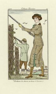 Diseño de traje de tiro de tweed para señoras, de Costumes Parisien, pub.1912 (impresión de pochoir) de Maurice Taquoy
