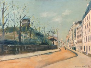 Rue Lepic, Montmartre, con el Moulin de la Galette y el Sacré-Cœur. de Maurice Utrillo