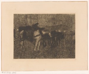 Caballos de carroza en una plaza de la ciudad por la noche de Maurits Niekerk