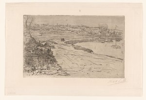 Paisaje con casas y agua con veleros amarrados de Maurits van der Valk (signed by artist)