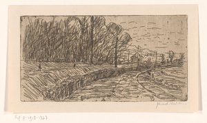 Paisaje con carretera, borde de bosque y postes de electricidad de Maurits van der Valk (signed by artist)