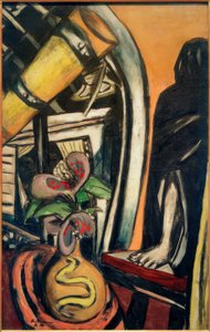 Atelier (Noche). Naturaleza muerta con telescopio y figura velada de Max Beckmann