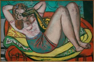 Mujer con mandolina en amarillo y rojo de Max Beckmann
