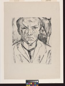 Autorretrato frontal con frontón de casa de fondo de Max Beckmann
