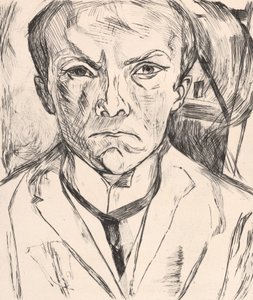 Autorretrato frontal con hastial de una casa al fondo de Max Beckmann