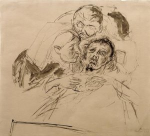 Enfermera y figura masculina inclinada sobre un enfermo de Max Beckmann