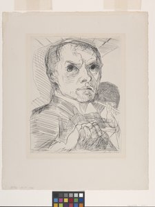 Autorretrato con lápiz óptico (Selbstbildnis Mit Griffel) (punta seca sobre papel verjurado en blanco hueso) de Max Beckmann