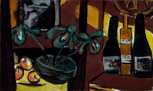 Bodegón en marrón y amarillo (Botellas de champán y orquídeas) de Max Beckmann