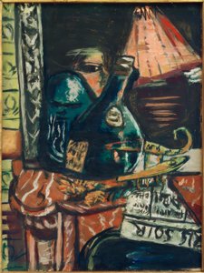 Naturaleza muerta con botella de licor torcida y Buda de Max Beckmann