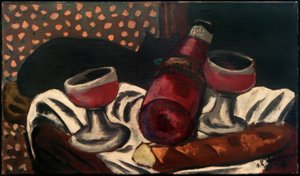 Naturaleza muerta con copas de vino y gato de Max Beckmann