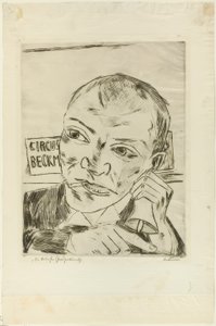 El pregonero (Autorretrato), lámina uno de Der Jahrmarkt de Max Beckmann