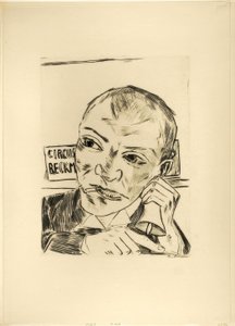 El pregonero (Autorretrato), lámina uno de Jahrmarkt de Max Beckmann