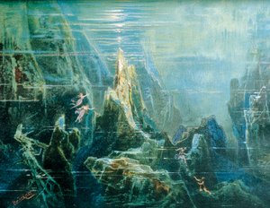 Diseño de escenario para la representación de El anillo del nibelungo - El oro del Rin de Richard Wagner, las hijas del Rin de Max Bruckner