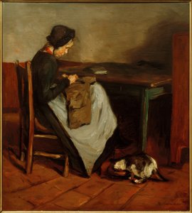 Niña cosiendo con gato - Interior holandés de Max Liebermann