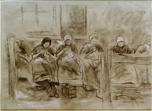 Seis niñas holandesas cosiendo frente a una pared de Max Liebermann