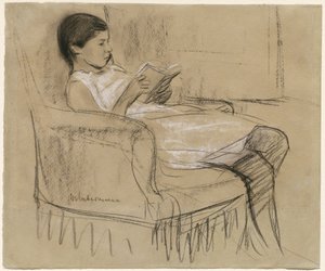 La hija del artista Käthe leyendo en una silla de Max Liebermann