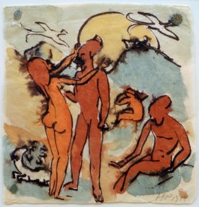 Escena de baño con aves timoneras de Max Pechstein