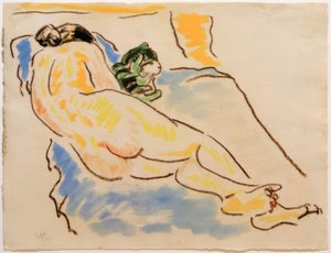Desnudo femenino recostado con gato de Max Pechstein