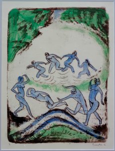 Bailarines y bañistas en el estanque del bosque de Max Pechstein