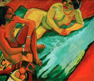 Mujer con indio sobre alfombra de Max Pechstein