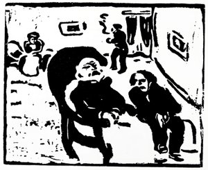 Grabado en madera que representa a personas sentadas en una sala de estar. de Max Pechstein