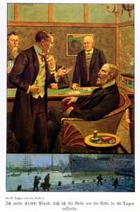 Phileas Fogg acepta la apuesta en el Reform Club de que puede dar la vuelta al mundo en 80 días, ilustración de una edición publicada en Berlín de Max Wulff