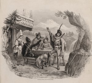 Cazadores en las montañas disfrutando de una bebida en una taberna