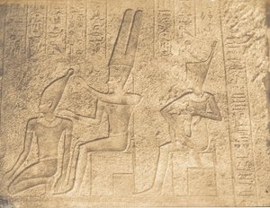 Esculturas exteriores del Santuario de granito del Palacio de Karnac Ammon asegurando la c..., 1849-50 de Maxime Du Camp