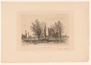 Paisaje con un prado y una vista de una ciudad. Baila los campeones de Cenon. (título en el objeto) de Maxime François Antoine Lalanne (signed by artist)