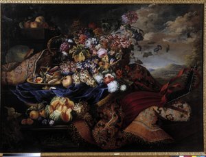 Cesta de frutas, flores y laúd sobre alfombra. Pintura de Maximiliano Pfeiler (1481-1536). Mención obligatoria: Colección fondation regards de provence, Marsella (cm 145x196,5) de Maximilian Pfeiler or Pfeiller