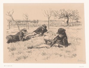Tres hombres descansan en un prado de Maximilien Luce (signed by artist)