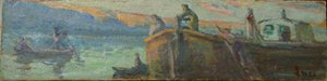 Paisaje fluvial con barcaza y botes de Maximilien Luce