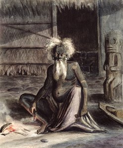 Viejo de Tahití sentado cerca de un Tiki, c.1841-48
